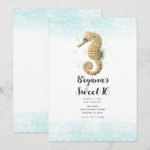 Zeepaardje Blauwgroen & Gouden Waterverf Sweet 16 Kaart (Voorkant / Achterkant)