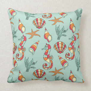 Zeepaardje en schelp patroon turquoise kussen