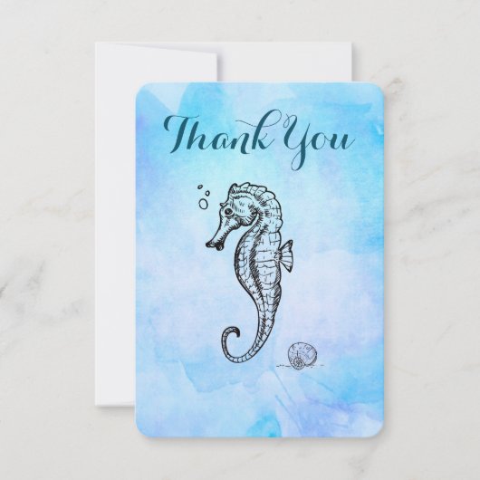 Zeepaardje en Seashell op Blue Waterverf Dank je w Bedankkaart (Voorkant)