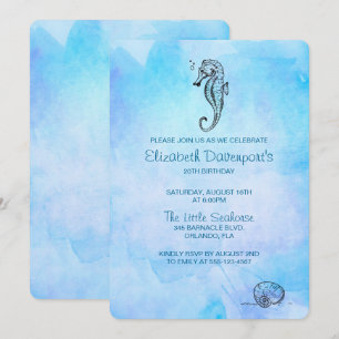 Zeepaardje en Seashell op Blue Waterverf Verjaarda Kaart