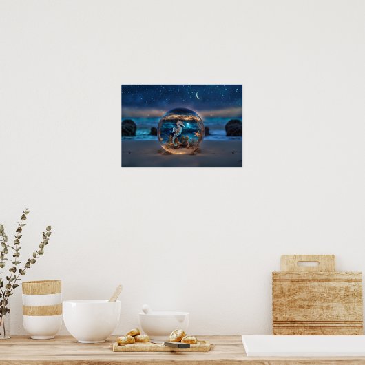Zeepaardje en zeester op het strand onder water poster (Keuken)