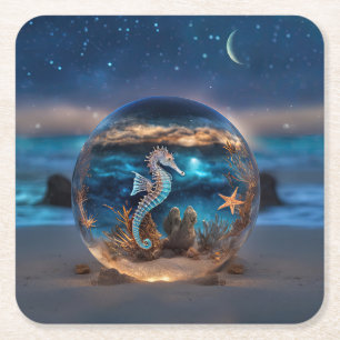 Zeepaardje en zeesterren op het strand Fantasy Vierkante Kartonnen Onderzetter