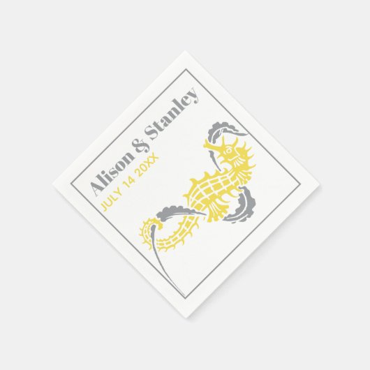 Zeepaardje en zeewier, grijs en geel huwelijk servet (Hoek)