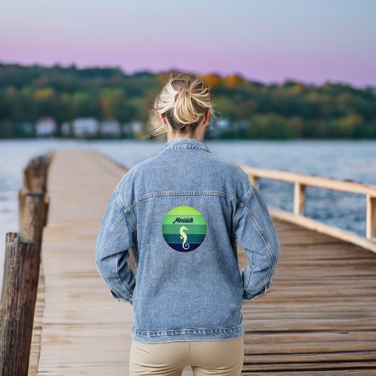 Zeepaardje met Lime Green Emerald Navy Zon en Naam Denim Jacket