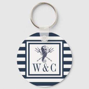 Zeepaardje Monogram Navy Blauwe Gestreepte Zeevaar Sleutelhanger
