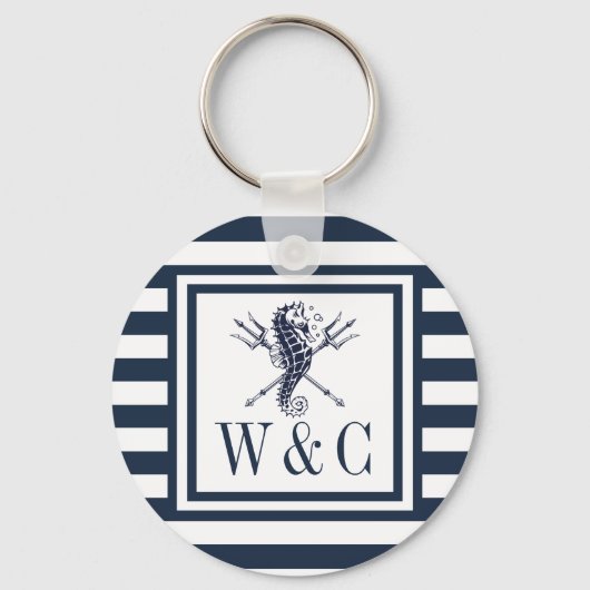 Zeepaardje Monogram Navy Blauwe Gestreepte Zeevaar Sleutelhanger (Voorkant)