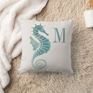 Zeepaardje Monogram Teal Crème Oceaan Monogram Kussen