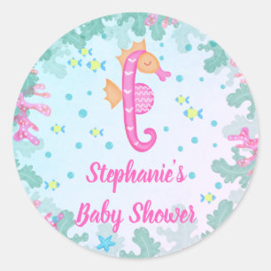 Zeepaardje onder het Zee Blauw Baby shower Ronde Sticker