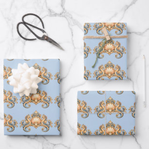 Zeepaardje patroon pastel blauw oranje nautisch inpakpapier vel
