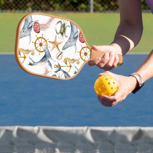Zeepaardje, scheepswiel, dolfijn, krab, zeeduivel pickleball paddle (Insitu)