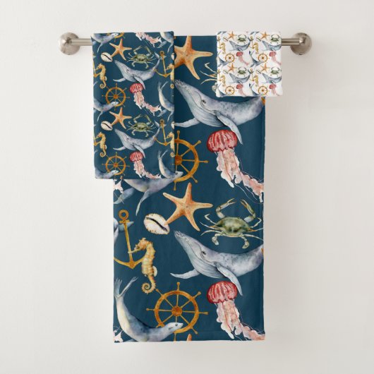 Zeepaardje, Schepen Wiel, Walvissen, Krab, Zeester Bad Handdoek (Insitu)