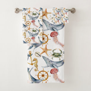 Zeepaardje, Schepen Wiel, Walvissen, Krab, Zeester Bad Handdoek