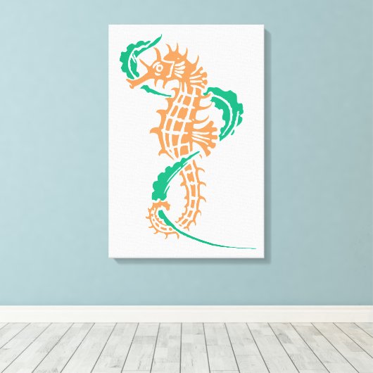 Zeepaardje sinaasappel, smaragd groen en zeewier canvas afdruk (Insitu (Houten vloer))