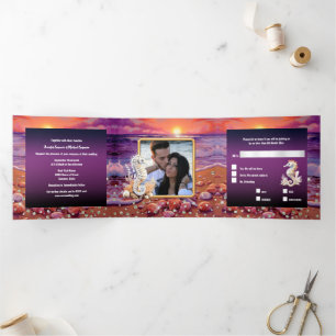 Zeepaardje tropisch eiland zonsopgang zonnestrand drieluik uitnodiging