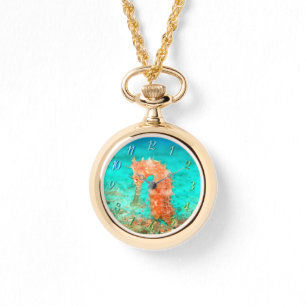 Zeepaardje tropische carribbische turquoise oranje horloge