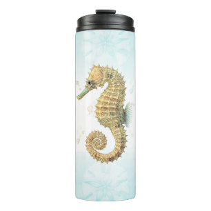 Zeepaardje Turquoise & Goud Waterverf Kust Strand Thermosbeker