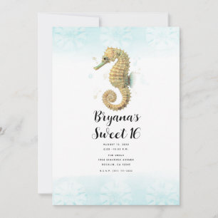 Zeepaardje Turquoise & Goud Waterverf Sweet 16 Kaart