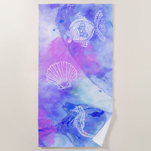 Zeepaardje Vis Zee Schelp Op Oceaan Aquarel Blues Strandlaken