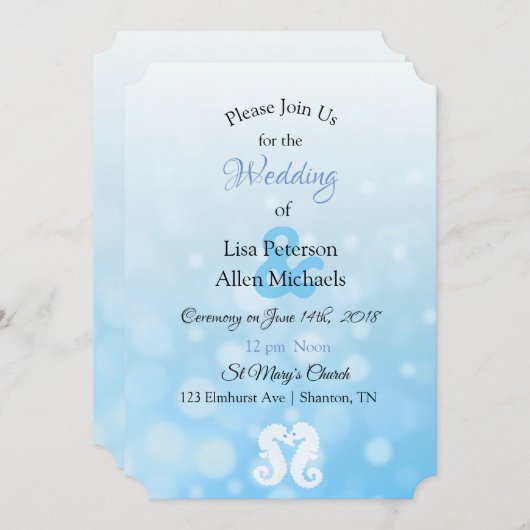 Zeepaardjes Blue Bokeh bruiloft uitnodigingen (Voorkant / Achterkant)