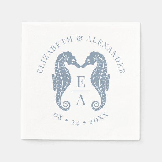 Zeepaardjes Monogram Strand Huwelijk Stoffig Blauw Servet (Voorkant)