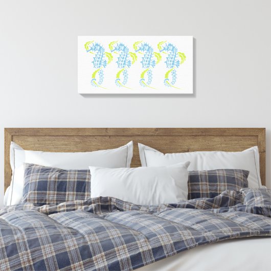 Zeepaardjes schemerblauw, limoengroen en zeewier canvas afdruk (Insitu (Slaapkamer))