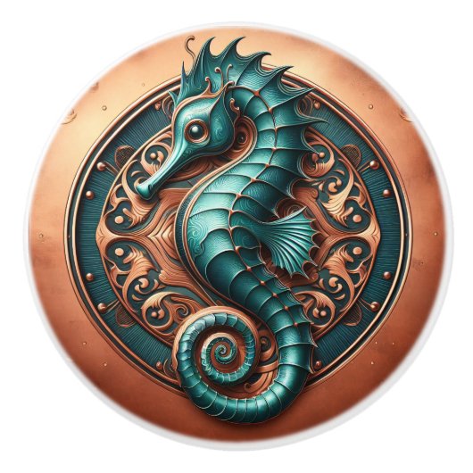 Zeepaardkoper en Blauwgroen Keramische Knop (Voorkant)
