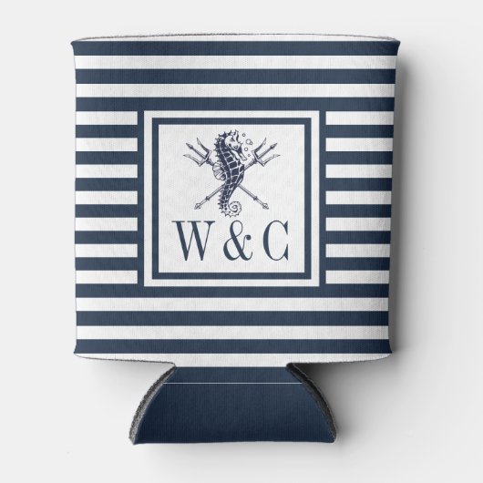 Zeepaardmarineblauw Stripe nautisch monogram kan c Blikjeskoeler (Voorkant)