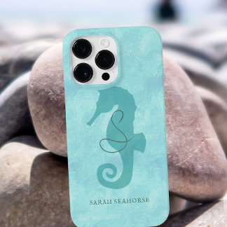 Zeepaardmonogram Aqua Blue Cool Tropische Vis iPhone 15 Pro Max Hoesje