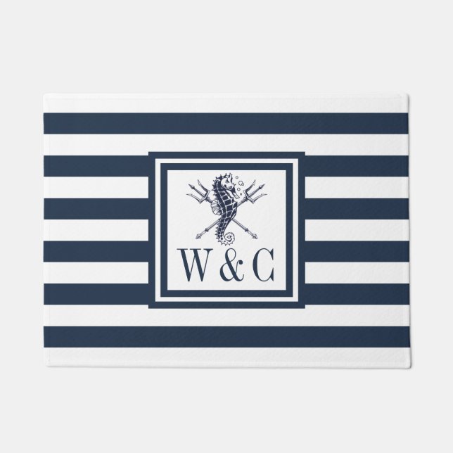 Zeepaardmonogram Nautical Monogram Navy Blue Strip Deurmat (Voorkant)
