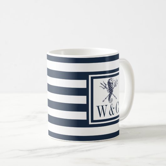 Zeepaardmonogram Navy Blue Stripe Nautical Koffiemok (Voorkant rechts)