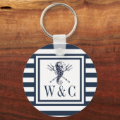 Zeepaardmonogram Navy Blue Striped Nautical Sleutelhanger (Voorkant)