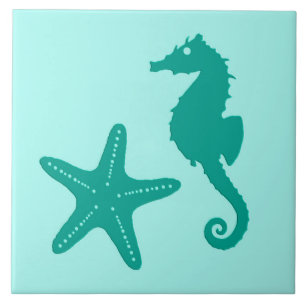 Zeepaardvis en zeestervis - turquoise en aqua tegeltje