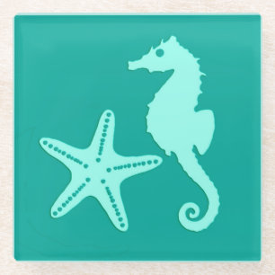 Zeepaardvis — turquoise en aqua glazen onderzetter
