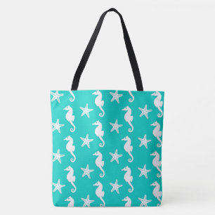 Zeepaardvis - wit op turquoise draagtas