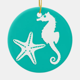 Zeepaardvis - wit op turquoise keramisch ornament