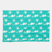 Zeepaardvis - wit op turquoise theedoek (Horizontaal)