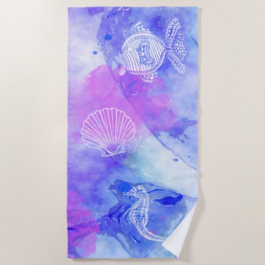 Zeepaardvis Zee Shell op Ocean Waterverf Blues Strandlaken (Voorkant)