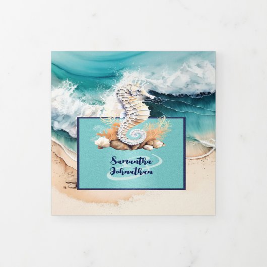 Zeepaardzand strand oceaan golven waterverf drieluik uitnodiging (Cover)