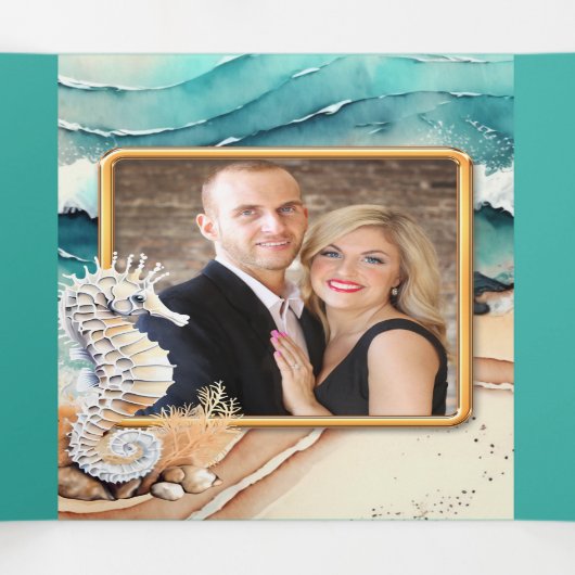 Zeepaardzand strand oceaan golven waterverf drieluik uitnodiging (Binnenkant midden)