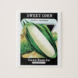 zeeppaket met label kunst, zoete witte corn legpuzzel