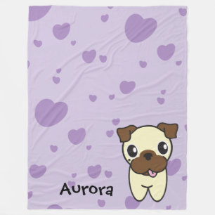 Zeer Cute Aurora de Pug Paarse Heart Fleece Deken