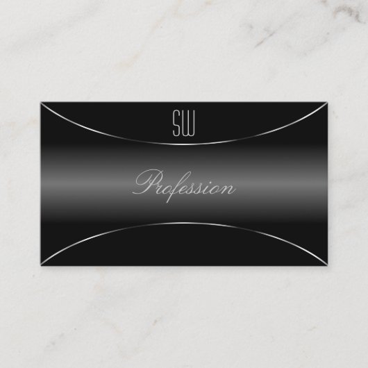 Zeer elegant zwart met zilveren rand en monogram visitekaartje (Voorkant)