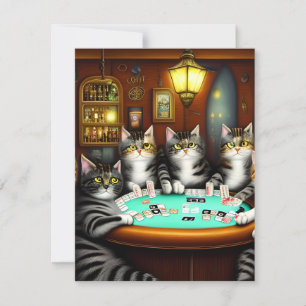 Zeer gedetailleerde katten spelen poker notitiekaartje