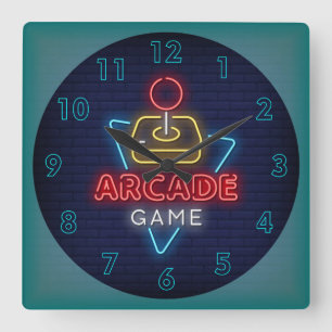 Zeer vage klassieke arcade-game met joystick Neon Vierkante Klok