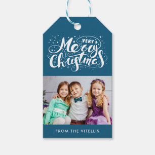 Zeer Vrolijk Kerst Foto Gift Labels Blauw Cadeaulabel