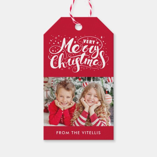Zeer Vrolijk Kerst Foto Gift Labels | Rood Cadeaulabel (Voorkant)