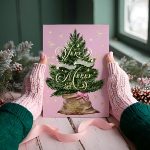 Zeer vrolijke retro vintage roze kerstboom strik folie feestdagenkaart