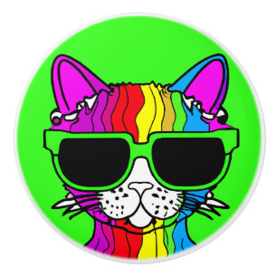 Zeer wollige regenboogkat met zonnescherm op groen keramische knop