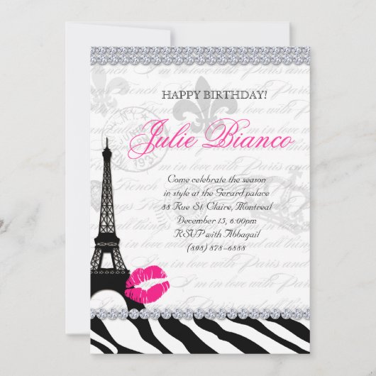Zees Birthday Party Paris Kaart Eiffel Tower Zebra (Voorkant)