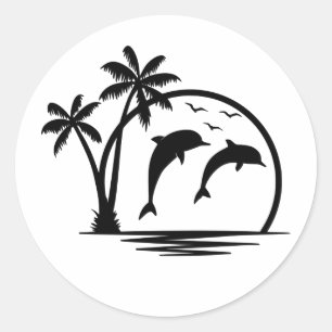 Zeescape Dolphin Jumping Palm Tree Ocean Ronde Sticker